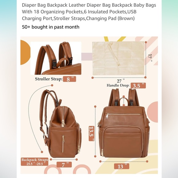 Vegan Leather Diaper Bag Backpack - Picture 6 of 8